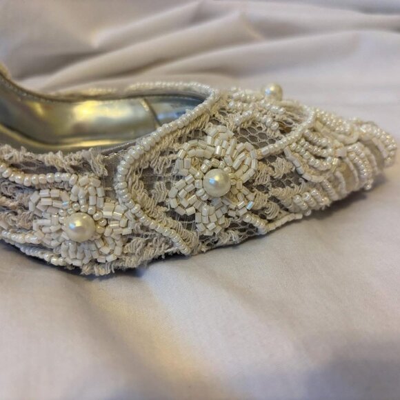 Upcycled One of a Kind Bridal White Ivory Beaded Lace Wedding Heels - Picture 3 of 6